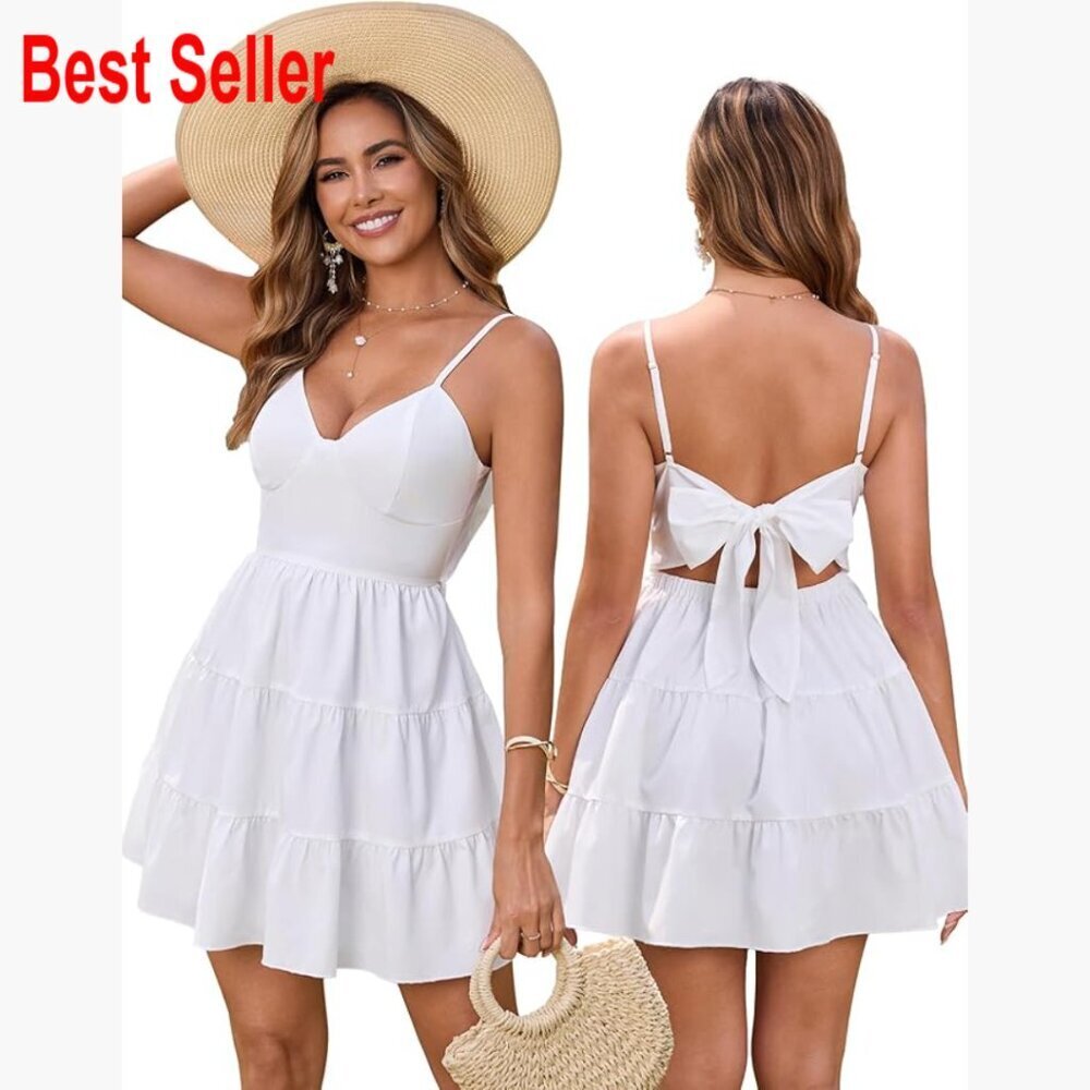 Polyester Mini Sundress with V-Neck and Backless Bow Tie